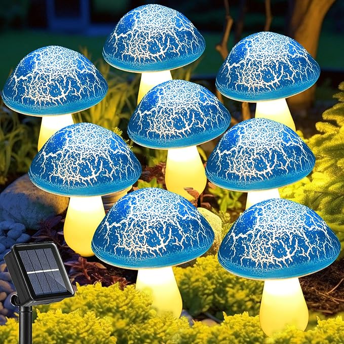 Solar Mushroom Lights Garden Decor 8 Blue Crack Mushrooms Outdoor Decor Stake Lights, Waterproof Solar Pathway Light Gardening Gifts for Landscape Easter Gnomes Yard Halloween Christmas Decorations Viewpick