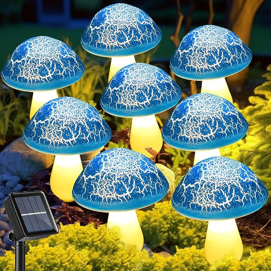Solar Mushroom Lights Garden Decor 8 Blue Crack Mushrooms Outdoor Decor Stake Lights, Waterproof Solar Pathway Light Gardening Gifts for Landscape Easter Gnomes Yard Halloween Christmas Decorations Viewpick