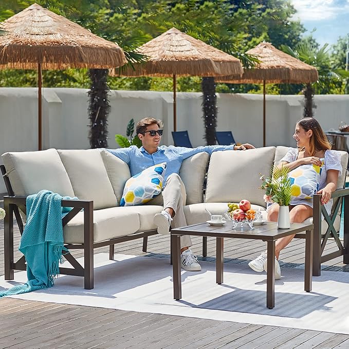NATURAL EXPRESSIONS 6 Pieces Patio Furniture Sets, Metal Outdoor Sectional Furniture L Shape Patio Conversation Sets,Highback Frame,Metal Table,Large Waterproof Cover, 6.5" Olefin Cushions NaturalExpressions