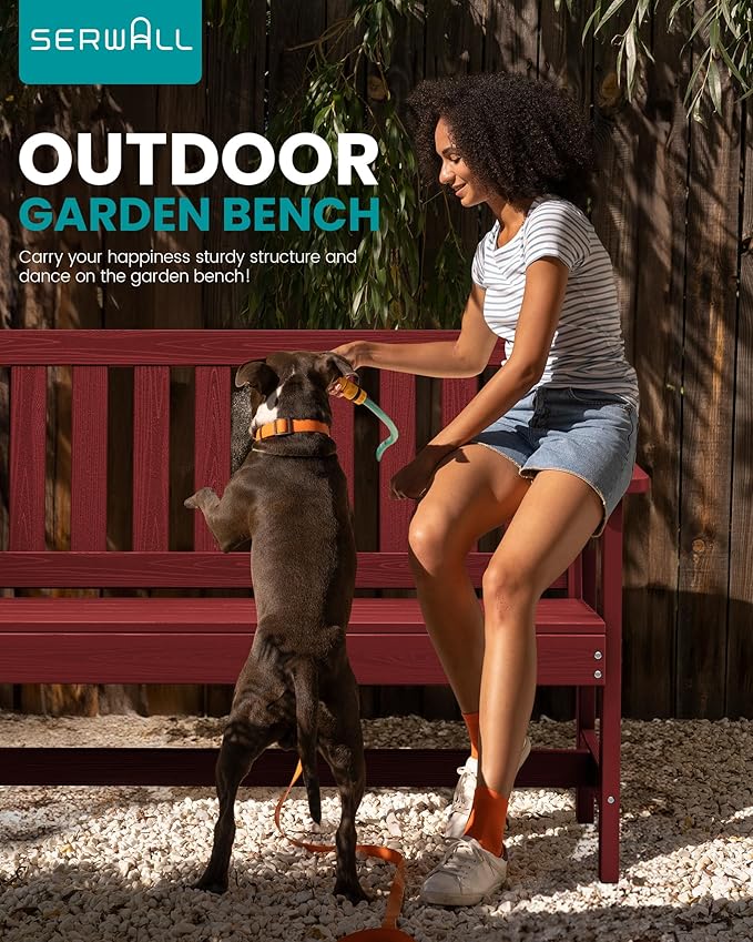 SERWALL Outdoor Bench, HDPE Outdoor Benches Weatherproof, 2-Person Garden Bench with 660 lbs Weight Capacity, Patio Benches for Outdoors, Garden, Porch, Backyard and Park, Red, 6 Pack SERWALL