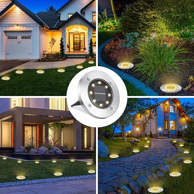 LYHOPE Solar Ground Lights Outdoor, 8 Pack 8 LED Solar Disk Lights Waterproof Garden In-ground Pathway Light Landscape Lighting for Lawn,Yard,Deck,Patio,Walkway (Warm White) LYHOPE