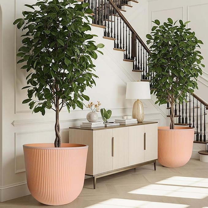 Worth Garden Round Large Planter Pot Set of 2, 17.5" Dia x 15.5" H - Durable Plastic Terracotta Plant Tree Pots with Vertical Stripe Textured Finish, Drainage Hole for Indoor Outdoor Front Porch Patio WORTH