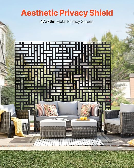 VEVOR Metal Privacy Screen, 47" W x 76" H, Outdoor Privacy Screens 3-Panel, Freestanding Outdoor Divider with Stand, Decorative Garden Steel Privacy Fence for Balcony Patio Indoor Room Hot Tub Black VEVOR