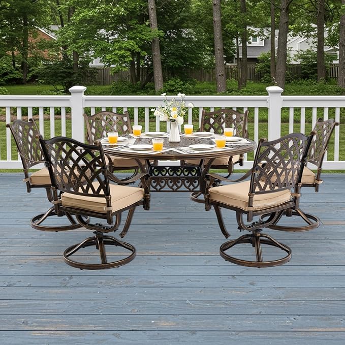7-Piece Cast Aluminum Patio Furniture, Patio Dining Set for 6 Include 54" Round Outdoor Dining Table and 6 Swivel Chairs with Cushions & Umbrella Hole (Bronze) Rootora