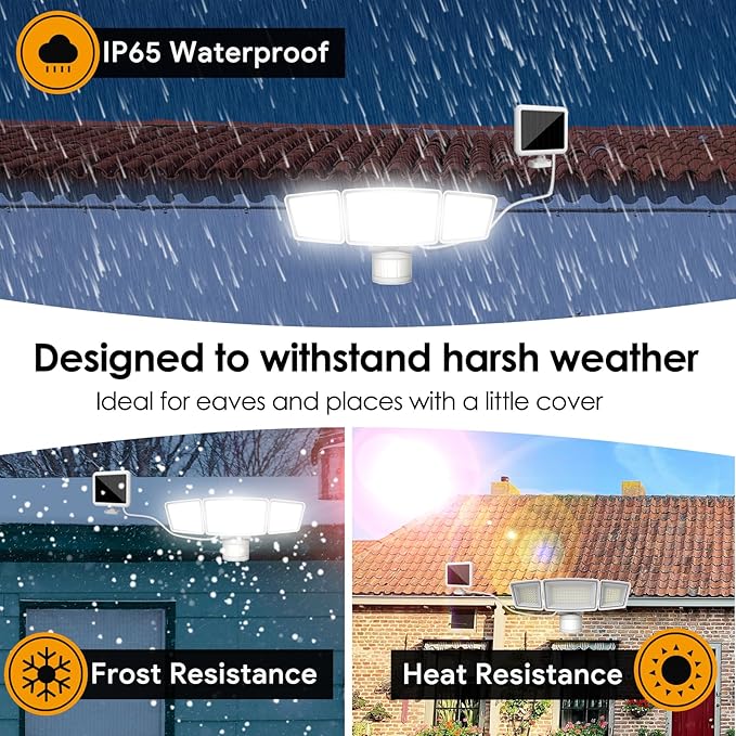 Energetic Solar Outdoor Lights, 1800LM 192 LED Security Motion Sensor Outdoor Lights with Remote Control, IP65 Waterproof Floodlight, 3 Head Motion Detected Spotlight for Garage, Pack of 2 (White) EENERGETICLIGHTING