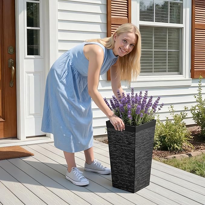 VEVOR Set of 2 Tall Planters for Outdoor Plants 23 inch, Black Tall Planter for Indoor Plants, Modern Planters for Front Porch Patio Balcony, Plant Container Flower Pots with Built-in Drainage VEVOR