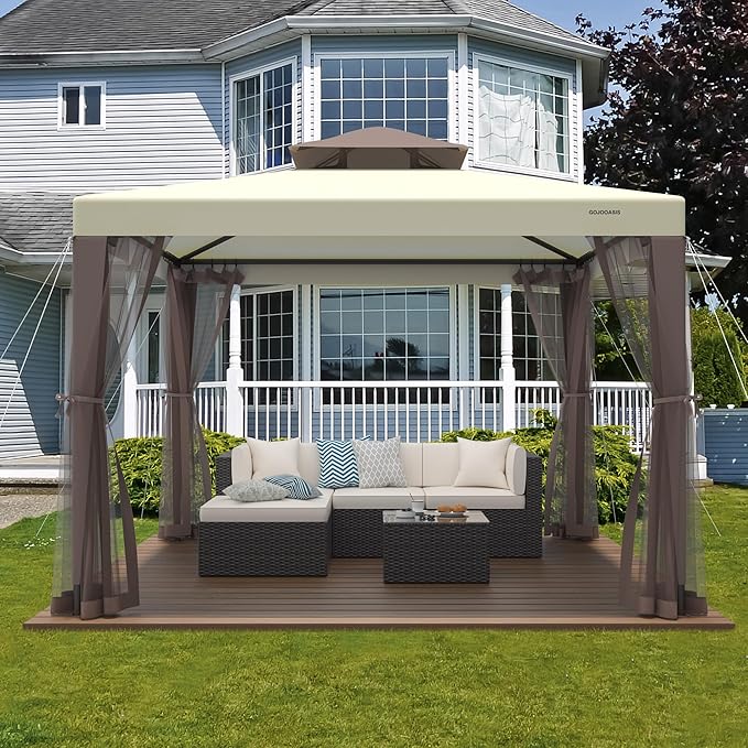 Patio Gazebo Tent Outdoor Canopy Shelter 10'x10' with Removable Netting,100 Square Feet of Shade for Garden, Backyard Deck and Lawns (Beige) GOJOOASIS