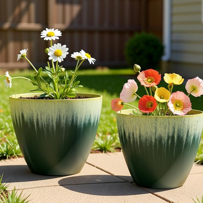 Pack of 2 Flower Pots, Plastic Plant Pots with Drainage Holes, 8 inch Modern Glossy Finishing Planter for Indoor Outdoor Plants (Green Glaze, 2 Pack) LesOasis