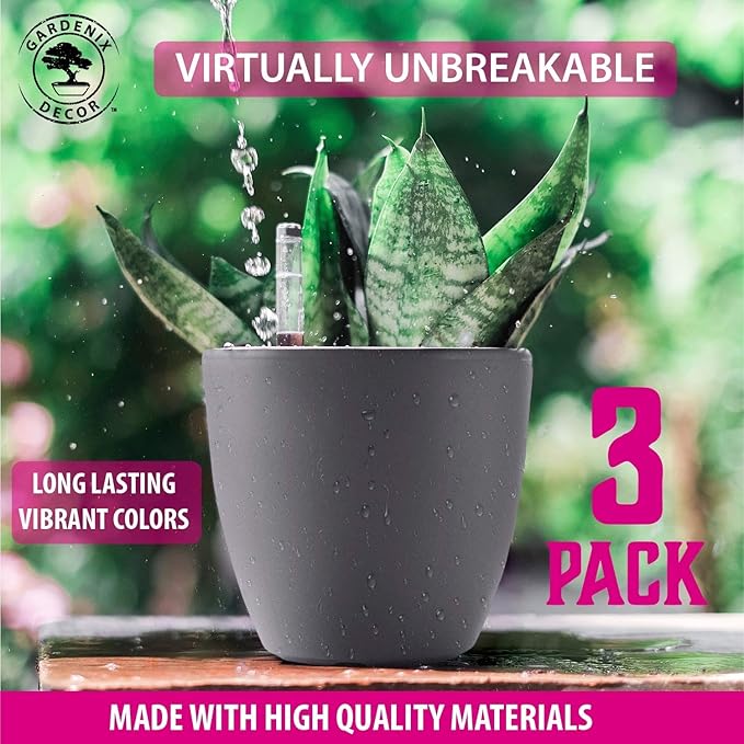 GARDENIX DECOR 7'' Self Watering planters for Indoor Plants - with Water Level Indicator for Flower Pot , Grow Tracking Tool - Coco Coir - Gray 3 Pack Rootora