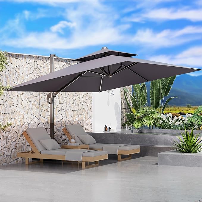 9' X 12' Cantilever Outdoor Patio Umbrellas Double Top Large Rectangle Umbrella Heavy Duty 360°Rotation Offset Umbrella for Garden Deck Pool Patio,Grey ORYNTREX