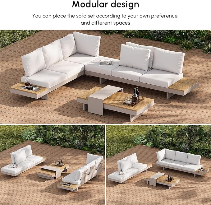 homary 6 Piece Aluminum & Teak Outdoor Sofa Set, Patio Sofa Seat L-Shaped Outdoor Sectional Sofa Set with Adjustable Backrests/Waterproof/Fade Resistant Cushions Ideal for Patios/Balconies,Light Gray Homary