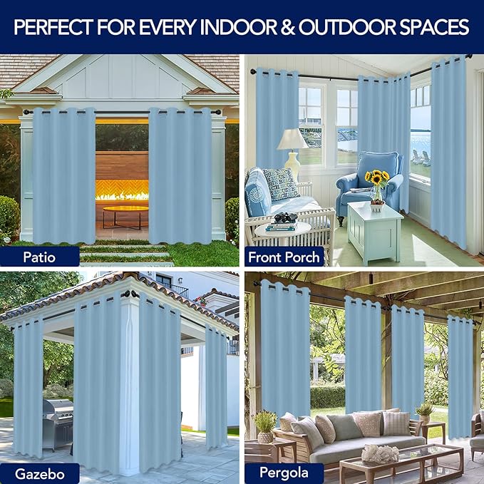 PureFit Outdoor Curtains for Patio Waterproof Weatherproof, UV Resistant Outside Curtains for Gazebo, Front Porch, Pergola, Sun Blocking Privacy Curtain, 52W x 108L inch, 1 Panel, Sky Blue PureFit