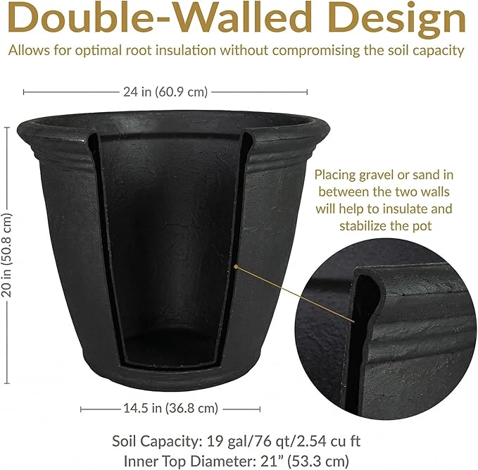 Sunnydaze 24-Inch Anjelica Large Plastic Pot for Plants - Outdoor Double-Walled Large Plastic Planter with Drillable Drainage Holes - Matte Black - 2pk SunnydazeDecor