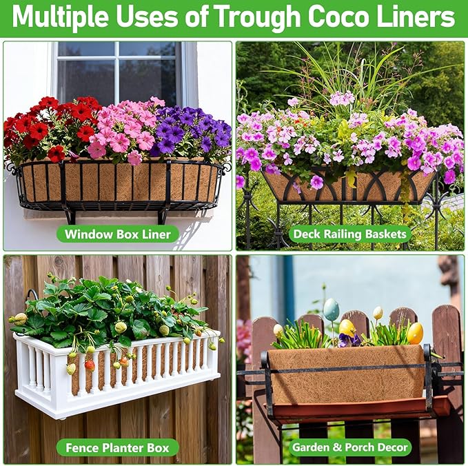 Riare 2 Pack 24 Inch Rectangle Coconut Liners for Planters, Natural Coconut Fiber Planter Liners, Window Box Liner Trough Coco Liner for Outdoor Flower, Garden Wall, Deck & Fence Planter Boxes Riare