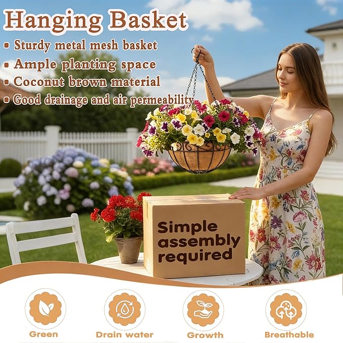 10 inch Metal Hanging Baskets For Plants Outdoor 4 Pack Round Metal Wire Hanging Basket Planter with Coco Fiber Liners Chain Round Wire Plant Holder for Garden, Patio, Deck, Porch Plants Flower Potsss JFFLYIT