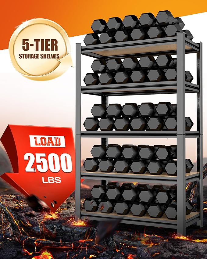 AOAORRG Set of 5 Garage Shelving Heavy Duty Storage Shelves, Metal Adjustable Shelving Unit, Utility Garage Organizer Shelf for Basement, Pantry, Kitchen, Warehouse, 45.6" Wx17.7 Dx71.2 H, Black Rootora