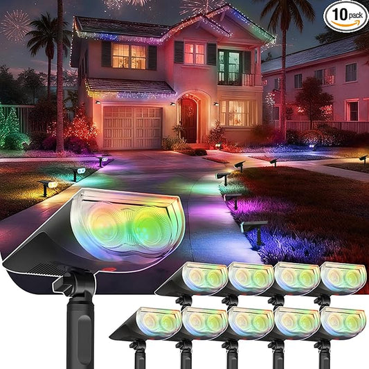 Linkind Solar Lights Outdoor StarRayS, Color Changing Solar Spot Lights, IP67 Waterproof St Patricks Day Lights for Landscape Garden Pathway Walkway (Multicolor, 10 Pack) Linkind