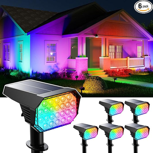 6 Pack Color Changing Solar Powered Outdoor Spot Lights Outside Landscape Waterproof 24 LED Spotlights Dusk to Dawn for Christmas Decorations,Tree, Snowman, Elk Statues, 8 Colorful for Accent Lighting GVSHINE