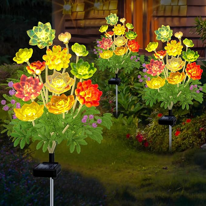 Solar Garden Lights Outdoor, 2 Pack Upgraded Succulent Solar Flowers Outside Waterproof, Gardening Gifts for Women Mother, Decorative Solar Powered Lights Yard Decor for Lawn Backyard Patio Pathway KohlrabiDecor