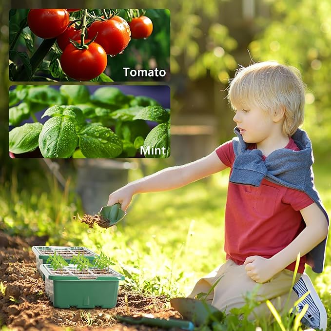 Bonviee 10 Packs Seed Starter Tray with Elevated Lid, 120 Cells Thicken Seed Starting Trays Kit with Adjustable Humidity Vent, Clear Cell Tray and Heightened Lids for Greenhouse & Gardens, Green BonvieeDirect