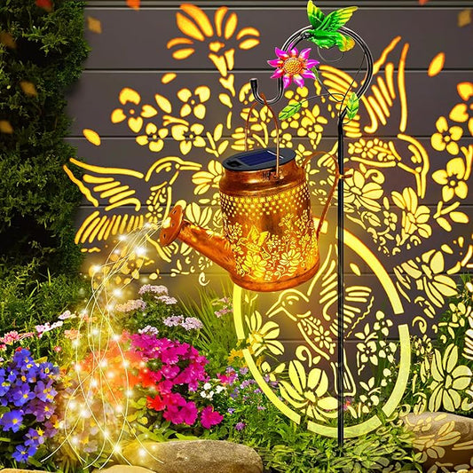 Solar Powered Hummingbird with Flowers Watering Can Lights Waterproof Outdoor Garden Decor with Shepherd Hook, Hanging Lights for Yard, Porch, Backyard Perfect Christmas Gift for Women, Mom, Grandma YJFWAL
