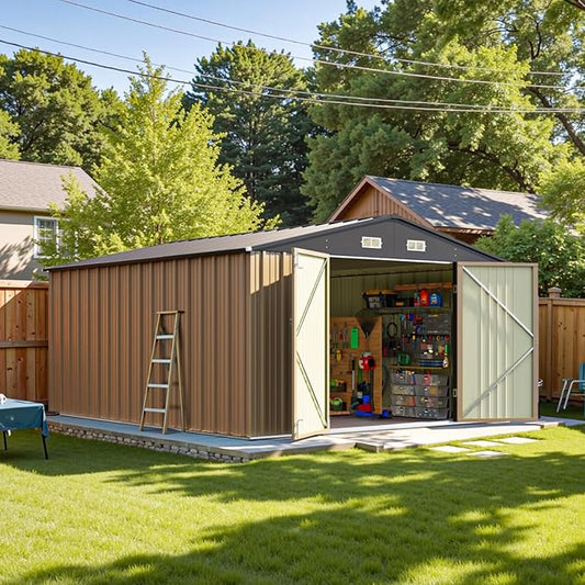 Patiowell 10 x 12 FT Metal Storage Shed for Outdoor, Steel Yard Shed with Design of Lockable Doors, Utility and Tool Storage for Garden, Backyard, Patio, Outside use,Brown Patiowell