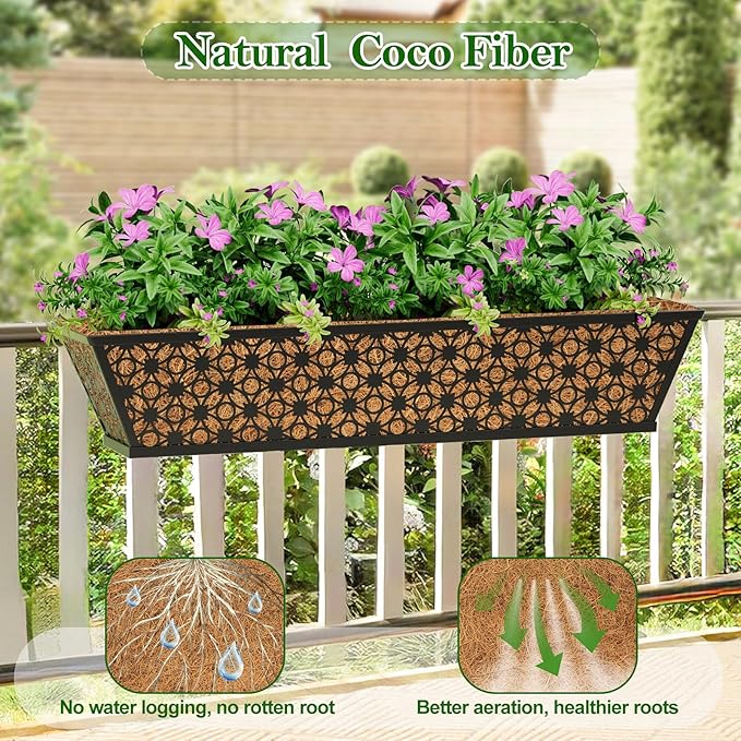 SPECILITE 24" Window Boxes Planters, Heavy Duty Metal Railing Planter Boxes, Adjustable Balcony Planters for Railing Hanging, with Coco Liner & Tool Set for Deck, Porch, and Patio Gardening (4 Pack) SPECILITE