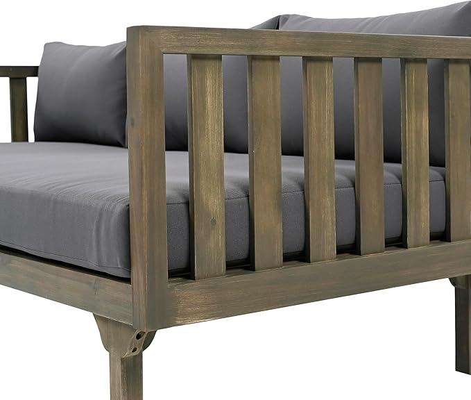Christopher Knight Home Claremont Outdoor 3 Seater Acacia Wood Daybed with Fabric Water Resistant and Removable Cushions, Patio Garden Sofa with Slat Paneling Armrest and Back, Grey and Dark Grey ChristopherKnightHome