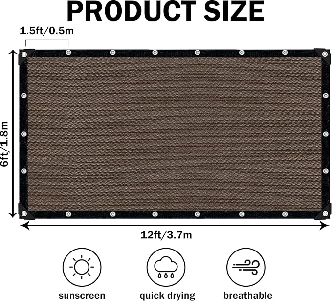 Mocha Sun Shade Cloth,Pergola Shade Cover with Reinforced Grommets,90% Shade Fabric Fence Privacy Screen Balcony,Pergola Shade Cover Canopy Garden Carport Porch Deck Patio Shade Cover,6x12FT IMSGVIFO