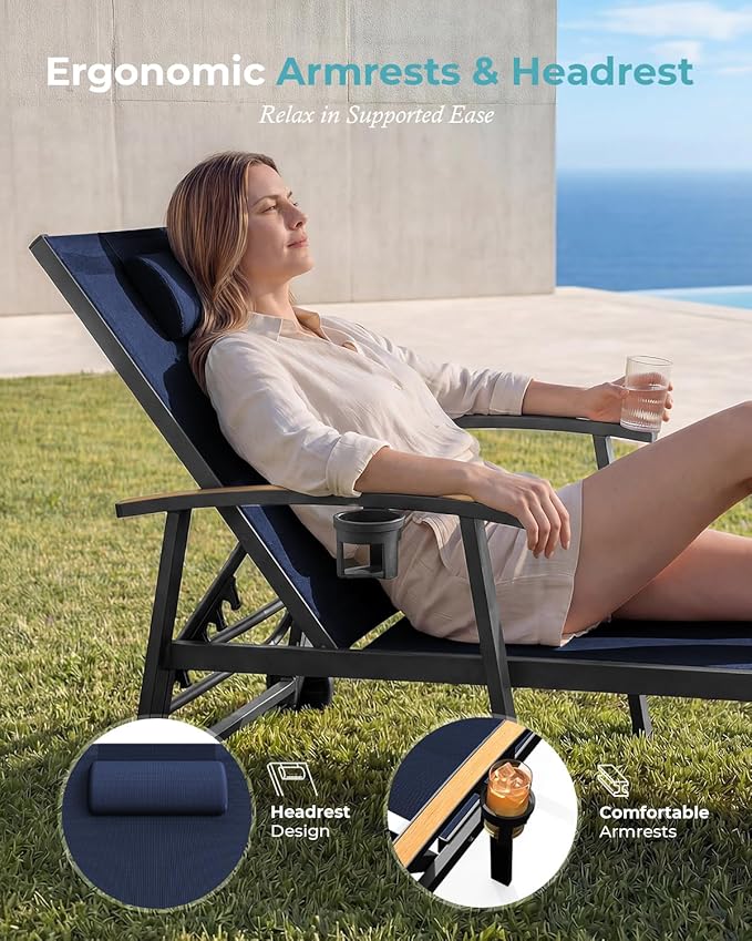 Ciokea Outdoor Lounge Chair with Pillow Set of 2, 5-Position Aluminum Chaise Lounge with Wheels & Armrests, 400 lbs Heavy Duty Patio Pool Chair for Backyard, Deck, Beach & Poolside, Navy Blue CIOKEA