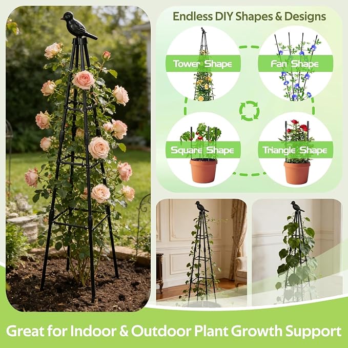 2 Pack Garden Trellis for Climbing Plants Outdoor - Rustproof Plastic Coated Steel Core Tower Obelisk Trellis - Metal Teepee Trellis Vertical Plant Support for Vines Vegetables Flowers Indoor Rootora