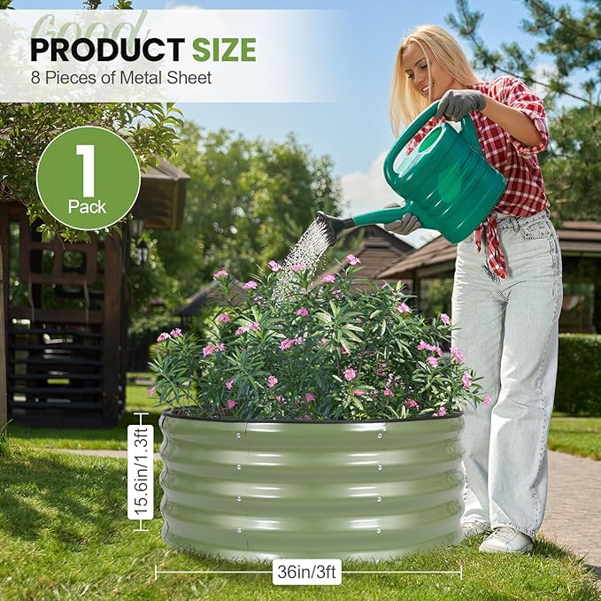 G GOOD GAIN Round Raised Garden Bed - 1Pcs 3x3x1.4ft Galvanized Steel Planter Boxes Outdoor with Rubber Edge Trim | Metal Raised Beds for Gardening Vegetables Flowers Fruits Herbs (Olive Green) GGOODGAIN
