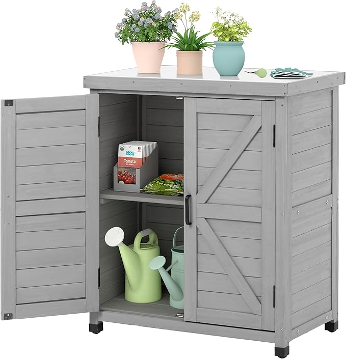 Outdoor Storage Cabinet & Potting Bench Table with Metal Top, Wooden Patio Furniture, Garden Workstation (Classic Grey, 36x31x17in) OutdoorFurniture