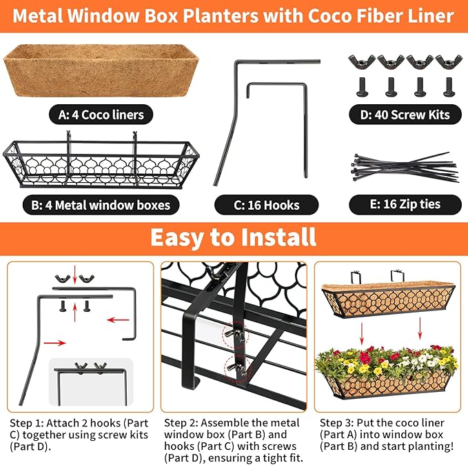 Riare 4 Pack 16 Inch Window Boxes Planters with Coco Liner, Metal Deck Railing Planter Boxes, Balcony Planters Railing Hanging, Horse Trough Window Flower Planter Boxes for Outdoor Porch Fence Patio Riare