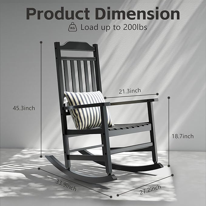 Patio Rocking Chair Outdoor Set of 1,Weather Resistant Poly Resin Oversized Porch Rocker,High Back Smooth Design,350lb Weight Capacity,Indoor Outdoor Use GYMHILL