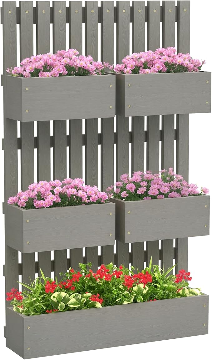 Outsunny 5 Box Raised Garden Bed with Trellis for Vine Flowers & Climbing Plants, 39" Tall Wall-Mounted Wood Planter Box Set with Adjustable Height, Drainage Hole, Gray Outsunny