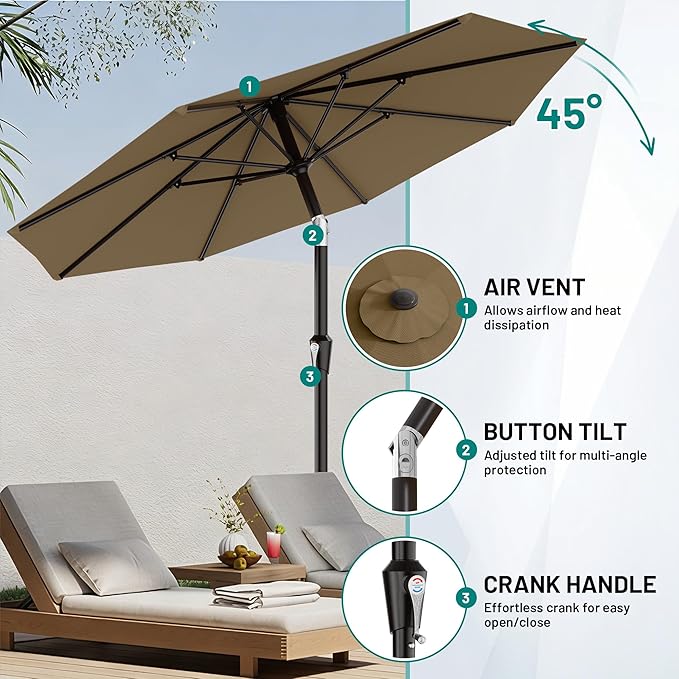 AreShark 9 FT Patio Umbrella for Outdoor, Outdoor Table Umbrella with Push Button Tilt and Crank, Outdoor Patio Umbrellas with 8 Sturdy Ribs for Market, Garden, Pool (Khaki) Rootora