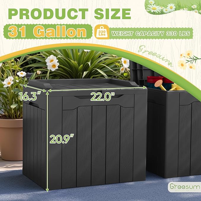 Greesum 31 Gallon Deck Box for Outside, All Weather Outdoor Storage Boxes for Patio Furniture Set, Package Delivery Box,Garden Tools, Gray(Set of 2) BuynowfromGreesum