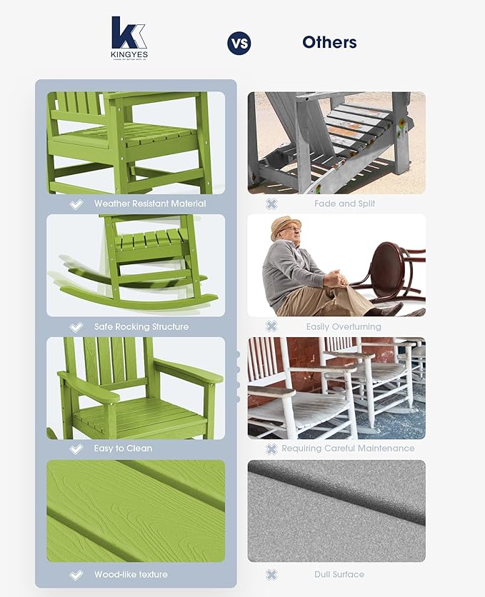 KINGYES HDPE Rocking Chairs Outdoor, Patio Rocking Chairs with 330lbs Support, Smooth Porch Rocker for Deck Lawn Yard, Pistachio Green KINGYES