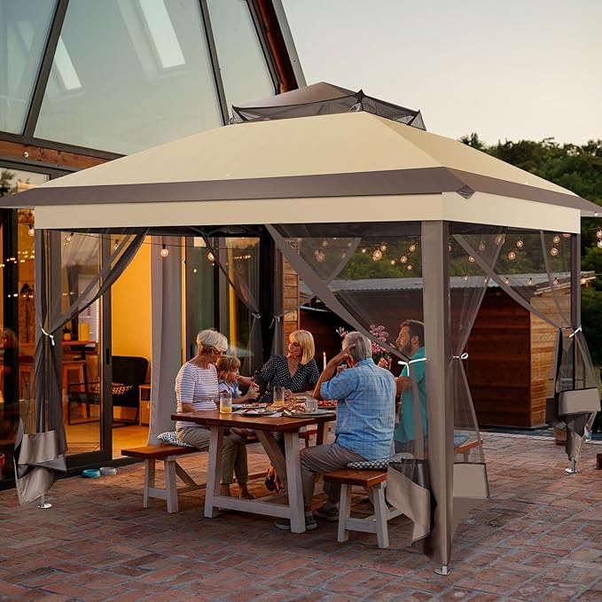 COBIZI 11x11 FT Pop up Gazebo Canopy Tent - Outdoor pop up gazebos on Clearance,carpas para Patio,Shelter - Screen Tents with Portable Carry Bag,Patio Gazebos for Camping,Garden,Deck,Backyard,Brown COBIZI