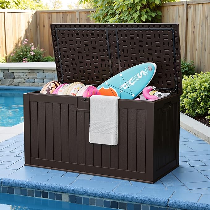 JUMMICO 250 Gallon Outdoor Resin Deck Box with Divider, Waterproof Storage Box with Lockable Lid&Side Handles for Garden Tools, Pools Supplies (Brown) JUMMICO