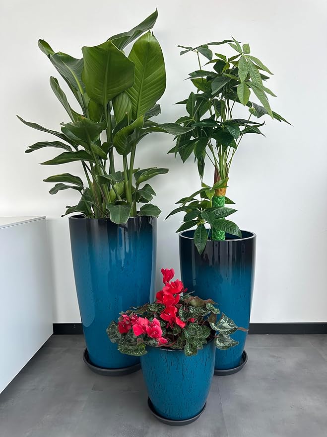 24,21,11 Inch Large Plastic Planters with Drainage Hole and Saucer - Set of 3 Tall Plant Pots Indoor Flower Pot Tall Round Planters Outdoor Large Tall Planter MinCHI257