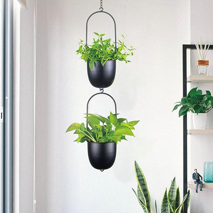 Stackable Metal Hanging Planters, Set of 2 Black Oval Plant Hangers with 6 inch Flower Pots, Modern Wall and Ceiling Plant Holders for Indoor Outdoor Plants Home Décor HemePaha