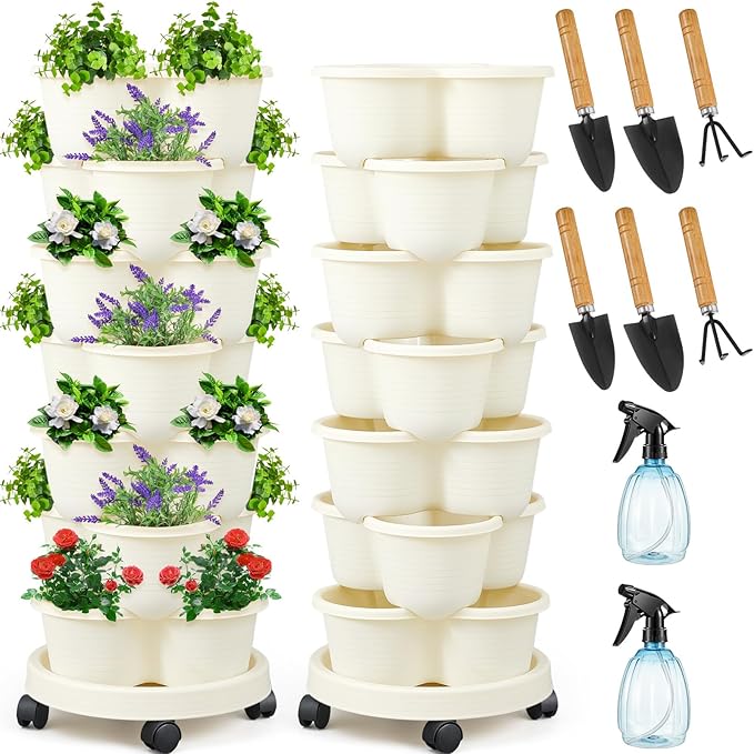 Umigy 2 Set Ivory 2 Set of 7 Tier Stackable Vertical Planters with Removable Wheels and Tools Tower Planters Strawberry Herb Flower Vegetable Pots Indoor Outdoor Gardening Pots Umigy