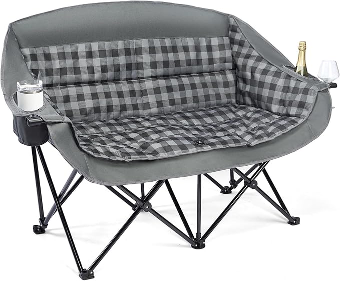 Double Camping Chairs Padded Loveseat Chair for 2 Person - Heavy Duty Oversized Camping Couch for Adults Outdoor Lawn Beach Portable Folding Sofa with Cup Holders Support 600lbs, Grey PUVASIA