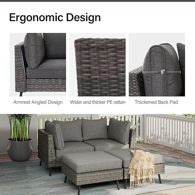 LAUSAINT HOME Outdoor Patio Furniture, 4 Piece Outdoor Sectional Sofa PE Rattan Wicker Patio Conversation Sets, All Weather Patio Furniture Set with Thick Cushions for Garden, Backyard(Grey) LAUSAINTHOME