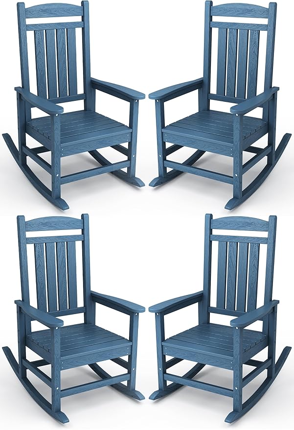 KINGYES HDPE Patio Rocking Chair Set of 4, Outdoor Rocking Chairs Porch Rocker for Adults, Navy KINGYES