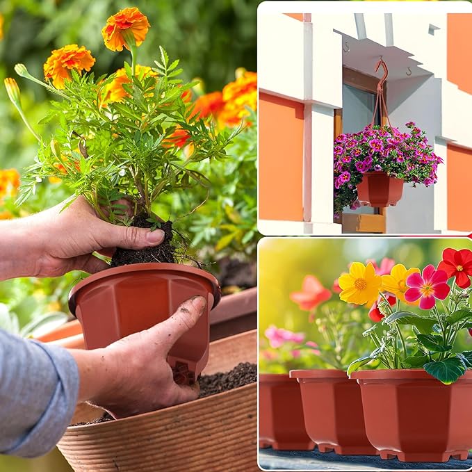 Roshtia 50 Pcs 5.1 inch Plastic Hanging Plant Pots with Hooks Flower Pots Baskets Outdoor Hanging Nursery Planter Holder for Home Garden Balcony Porch(Brown, 5.1 inch) Roshtia