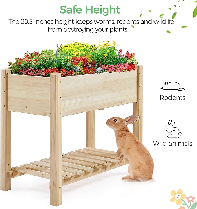 Yaheetech 34x18x30in Horticulture Raised Garden Bed 2pcs Planter Box with Legs & Storage Shelf Wooden Elevated Vegetable Growing Bed for Flower/Herb/Patio/Balcony, Natural Wood Yaheetech
