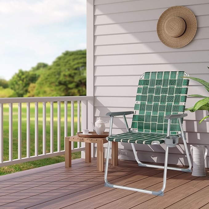 VINGLI Folding Webbed Oversized Lawn Chairs with Detachable Cup Holder, 300 LBS High Beach Chair for Adults Heavy Duty, Portable Aluminum Patio Chair for Yard, Garden, 2 Pack,Dark Green VINGLI